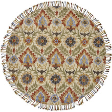 Ivory Green And Orange Round Wool Paisley Tufted Handmade Stain Resistant Area Rug With Fringe 8'
