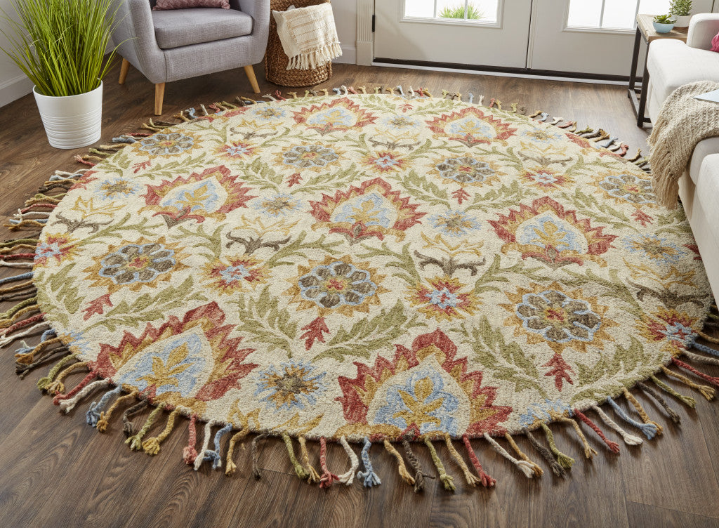 Ivory Green And Orange Round Wool Paisley Tufted Handmade Stain Resistant Area Rug With Fringe 8'