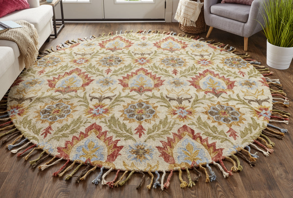 Ivory Green And Orange Round Wool Paisley Tufted Handmade Stain Resistant Area Rug With Fringe 8'