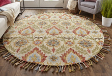 Ivory Green And Orange Round Wool Paisley Tufted Handmade Stain Resistant Area Rug With Fringe 8'