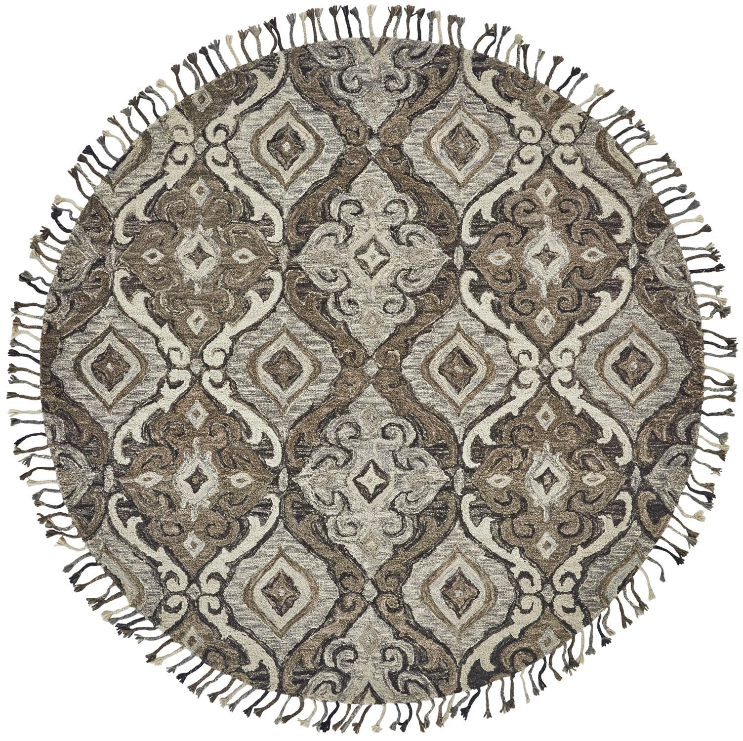 8' Gray Taupe And Ivory Round Wool Floral Tufted Handmade Stain Resistant Area Rug With Fringe