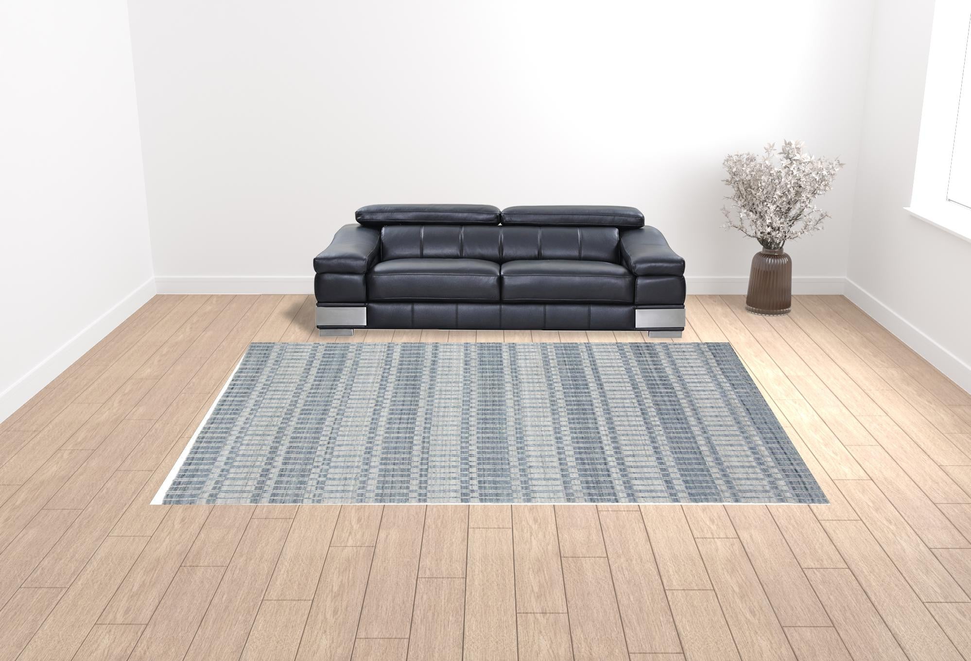 4' X 6' Blue Gray And Ivory Striped Hand Woven Area Rug