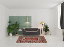 5' X 8' Red Blue And Brown Wool Floral Hand Knotted Distressed Stain Resistant Area Rug With Fringe