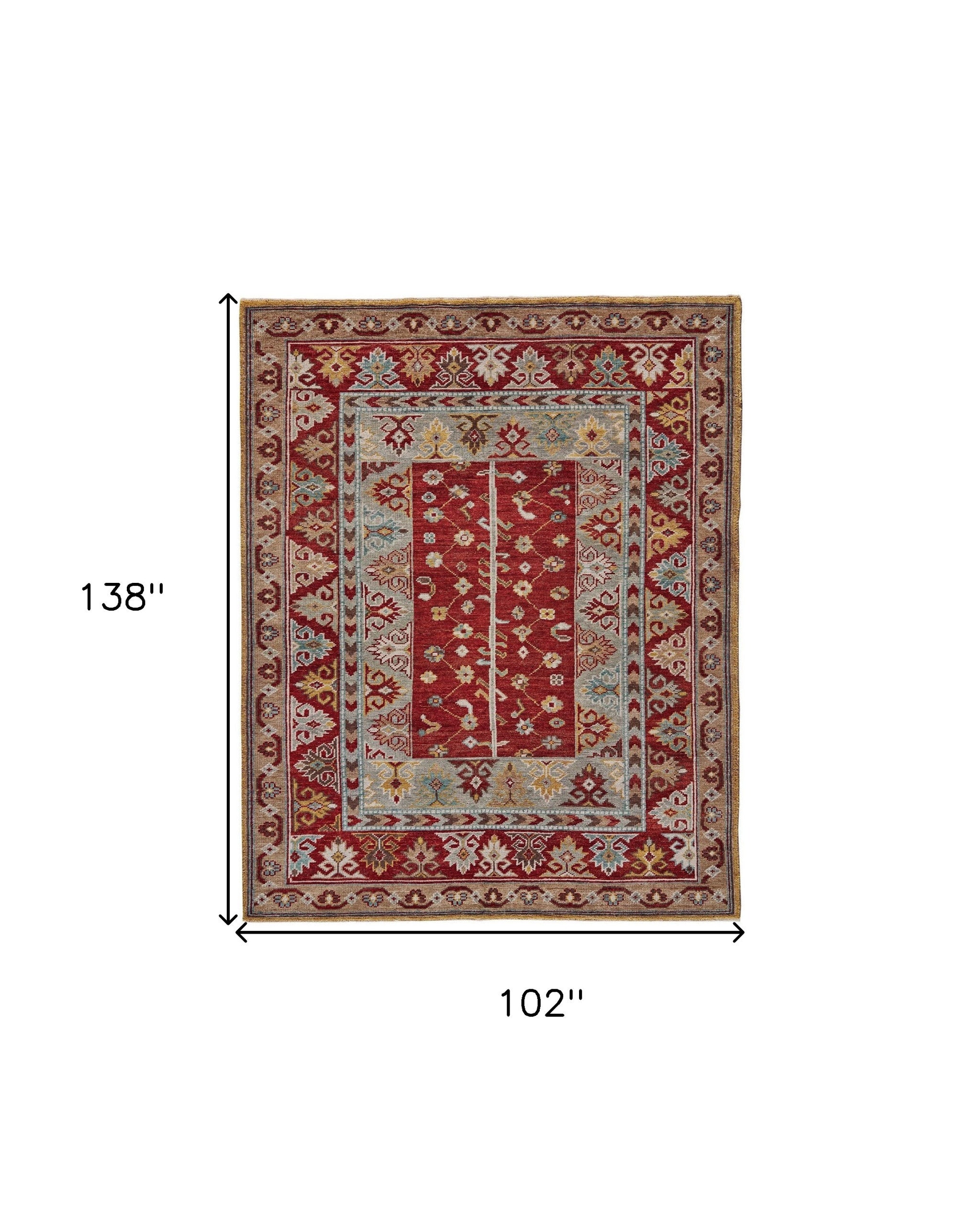 5' X 8' Red Blue And Brown Wool Floral Hand Knotted Distressed Stain Resistant Area Rug With Fringe