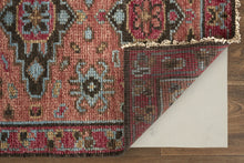 9' X 12' Red Orange And Blue Wool Floral Hand Knotted Distressed Stain Resistant Area Rug With Fringe