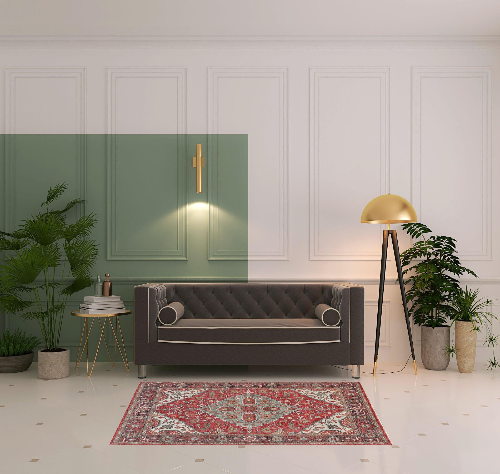 4' X 6' Red Gray And Ivory Wool Floral Hand Knotted Distressed Stain Resistant Area Rug With Fringe