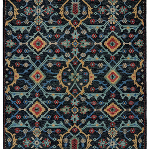 5' X 8' Blue Yellow And Red Wool Floral Hand Knotted Distressed Stain Resistant Area Rug With Fringe
