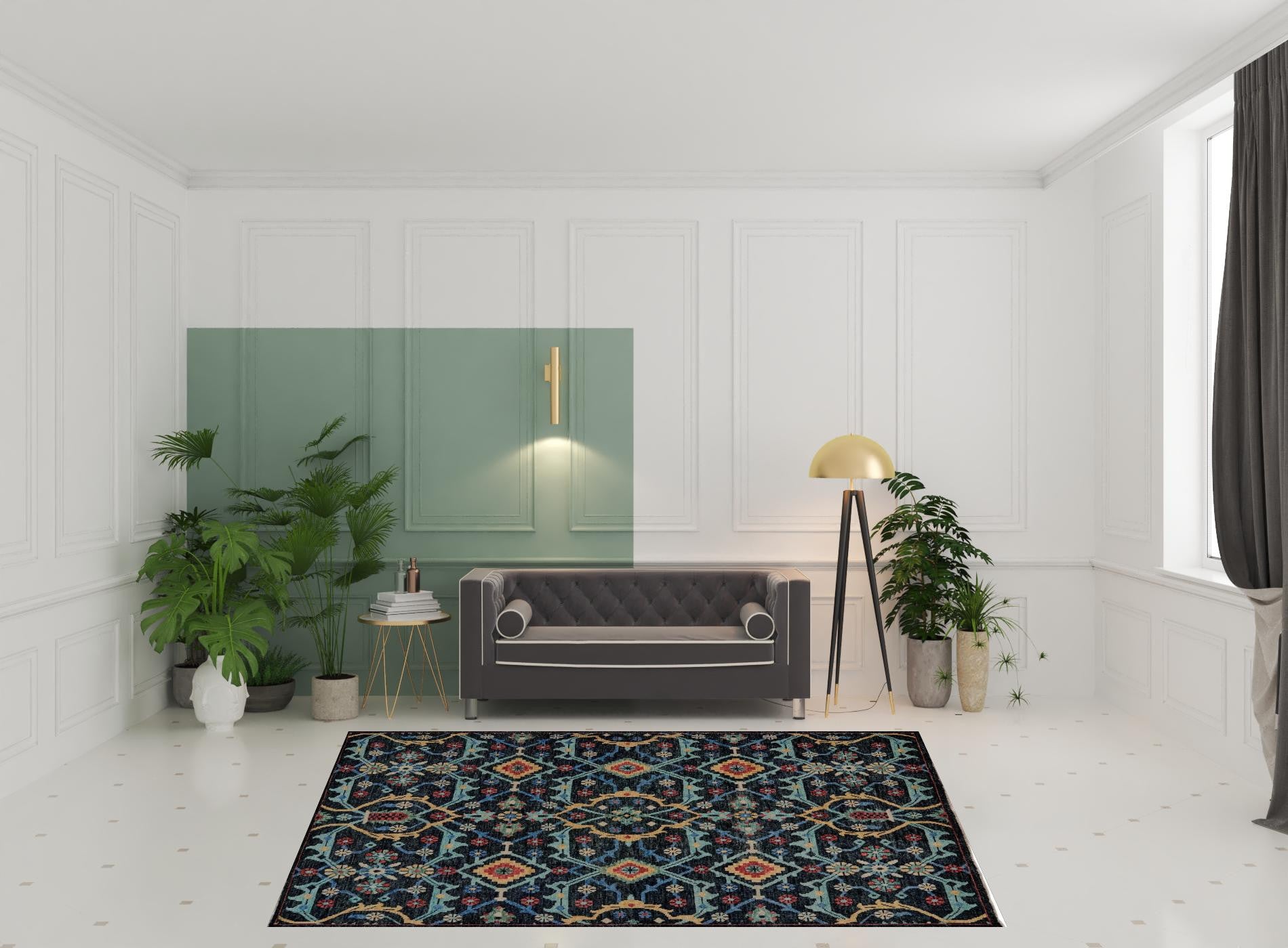 5' X 8' Blue Yellow And Red Wool Floral Hand Knotted Distressed Stain Resistant Area Rug With Fringe