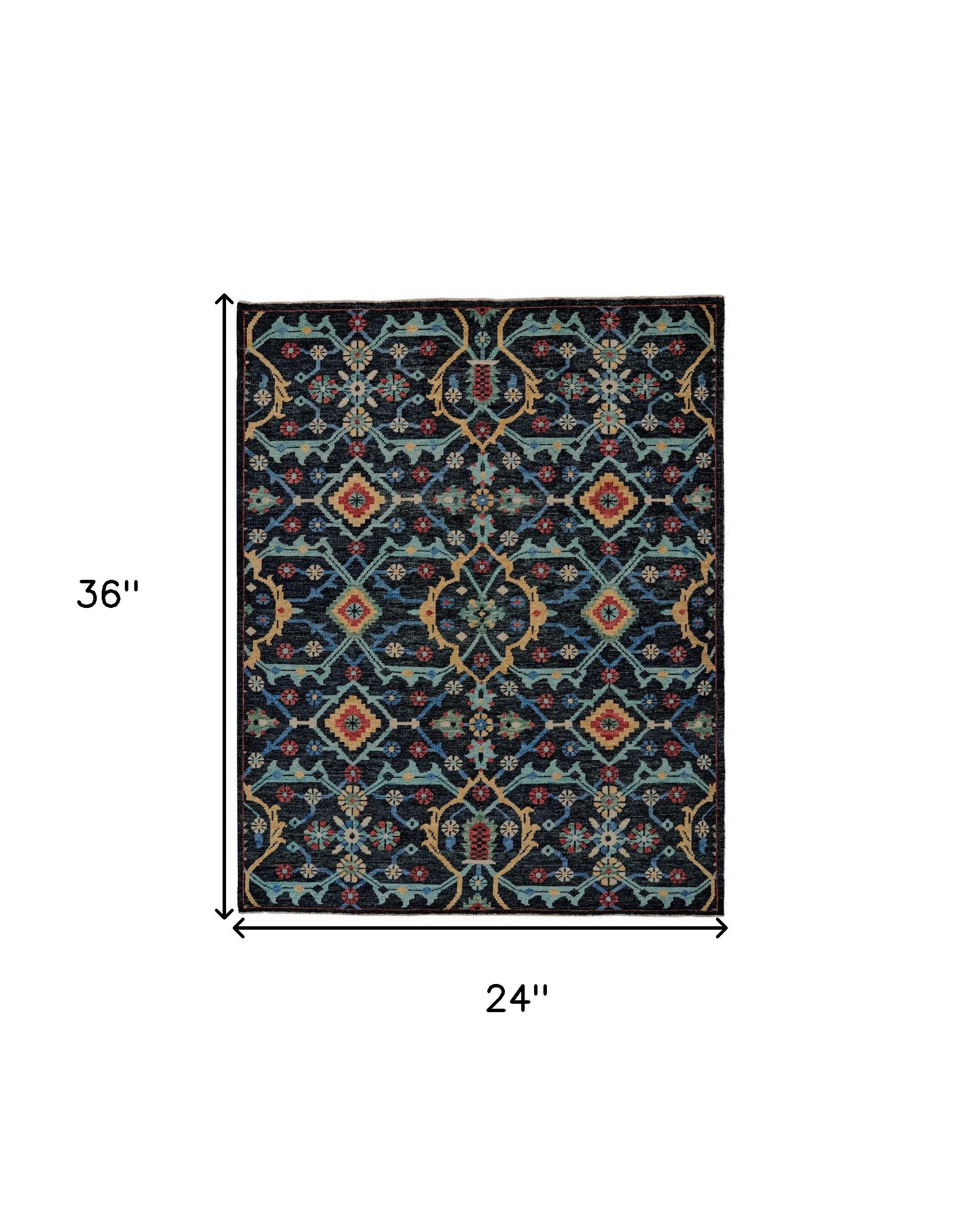 5' X 8' Blue Yellow And Red Wool Floral Hand Knotted Distressed Stain Resistant Area Rug With Fringe