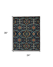 5' X 8' Blue Yellow And Red Wool Floral Hand Knotted Distressed Stain Resistant Area Rug With Fringe