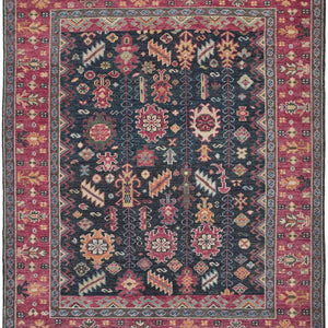 4' X 6' Pink Blue And Orange Wool Floral Hand Knotted Distressed Stain Resistant Area Rug With Fringe