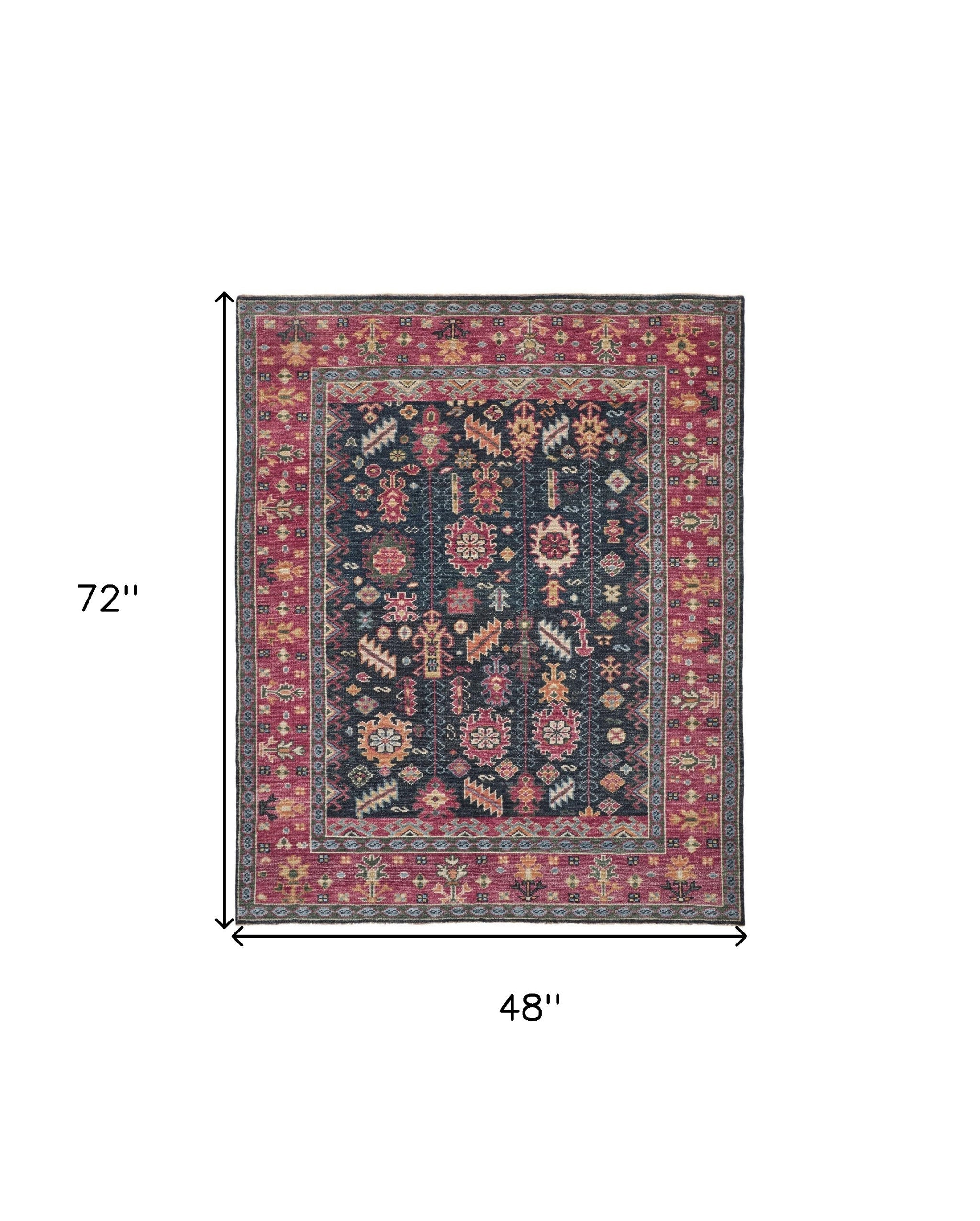 4' X 6' Pink Blue And Orange Wool Floral Hand Knotted Distressed Stain Resistant Area Rug With Fringe