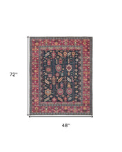 4' X 6' Pink Blue And Orange Wool Floral Hand Knotted Distressed Stain Resistant Area Rug With Fringe