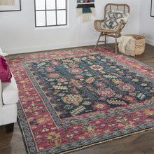 4' X 6' Pink Blue And Orange Wool Floral Hand Knotted Distressed Stain Resistant Area Rug With Fringe