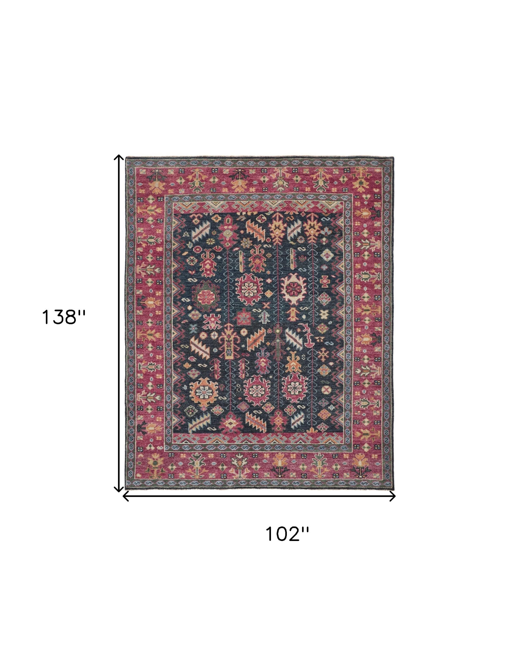 4' X 6' Pink Blue And Orange Wool Floral Hand Knotted Distressed Stain Resistant Area Rug With Fringe