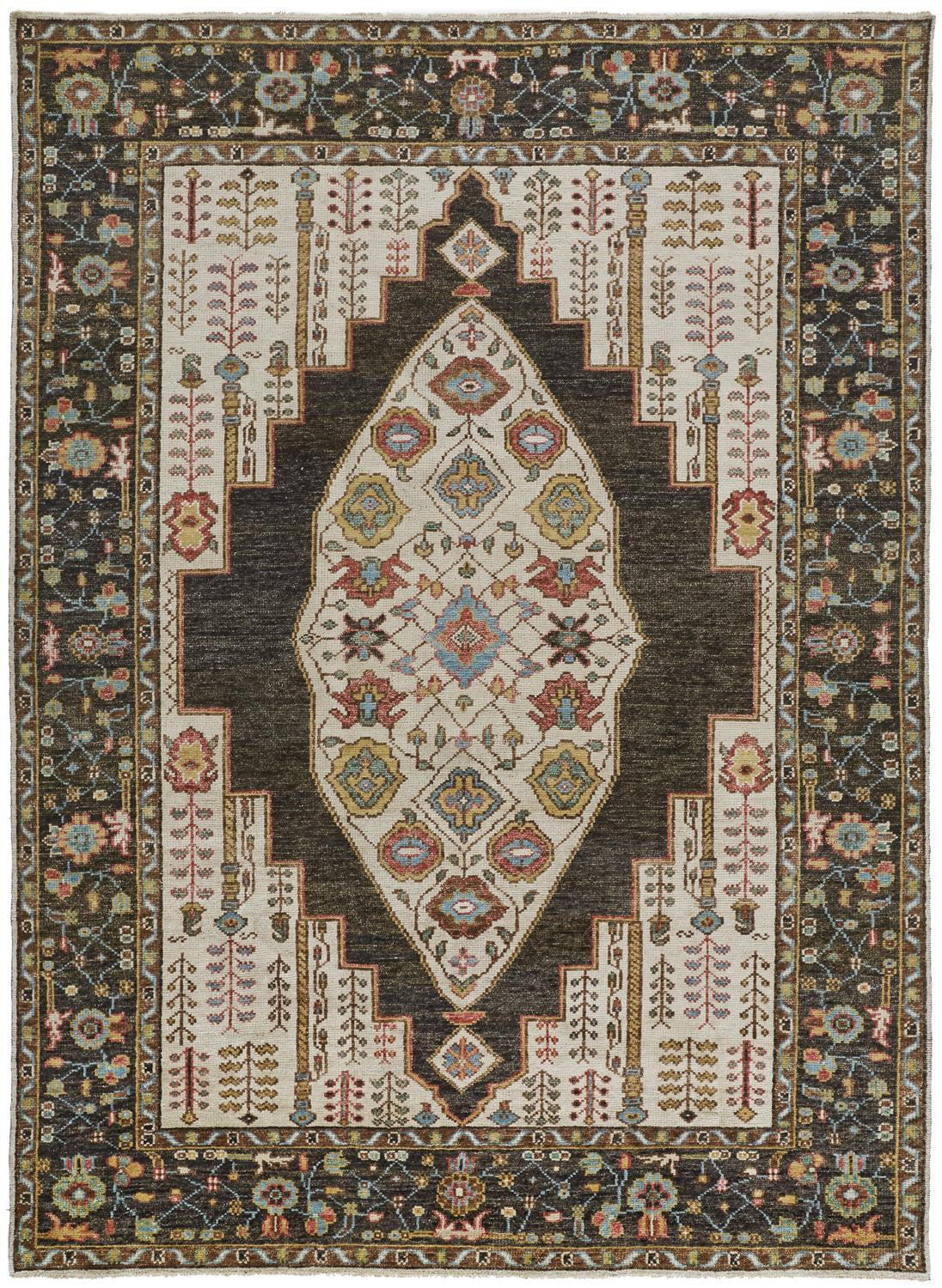 4' X 6' Brown Yellow And Green Wool Floral Hand Knotted Distressed Stain Resistant Area Rug With Fringe