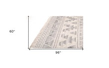 5' X 8' Ivory Gray And Blue Wool Geometric Dhurrie Flatweave Handmade Area Rug With Fringe