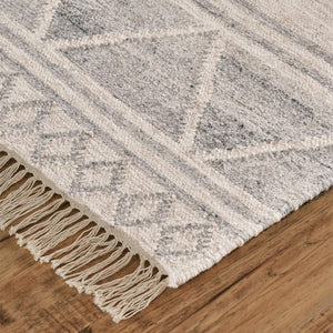 5' X 8' Ivory Gray And Blue Wool Geometric Dhurrie Flatweave Handmade Area Rug With Fringe