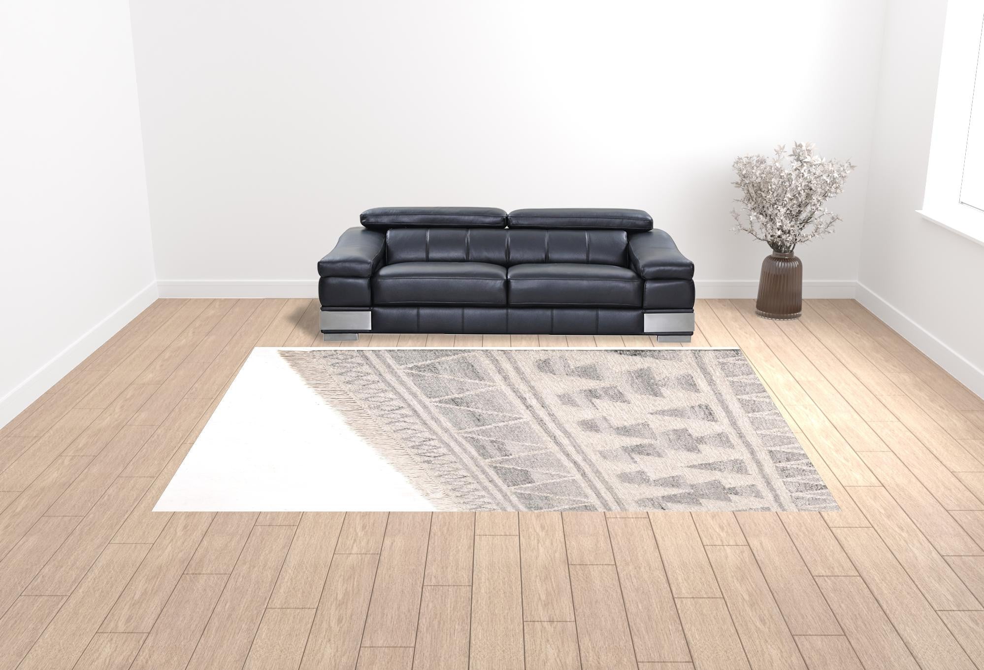 5' X 8' Ivory Gray And Blue Wool Geometric Dhurrie Flatweave Handmade Area Rug With Fringe