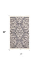 5' X 8' Gray Ivory And Blue Wool Geometric Dhurrie Flatweave Handmade Area Rug With Fringe