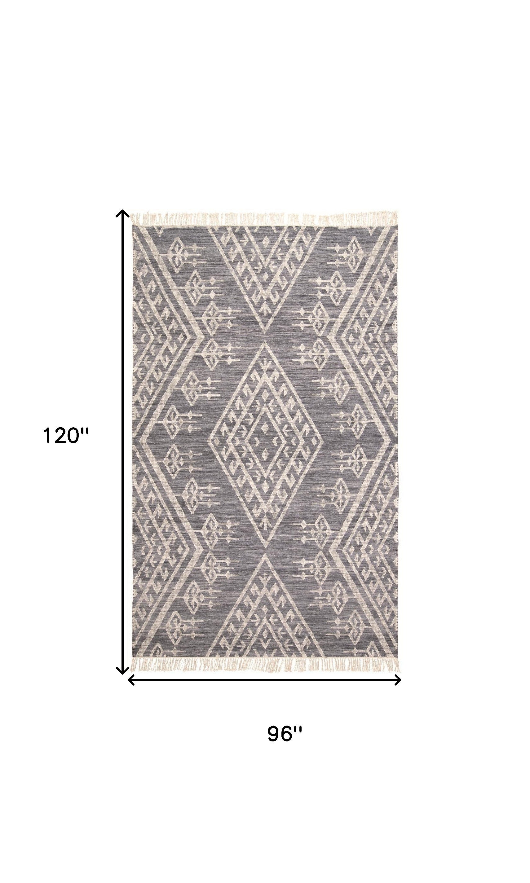 5' X 8' Gray Ivory And Blue Wool Geometric Dhurrie Flatweave Handmade Area Rug With Fringe