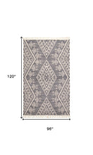 5' X 8' Gray Ivory And Blue Wool Geometric Dhurrie Flatweave Handmade Area Rug With Fringe