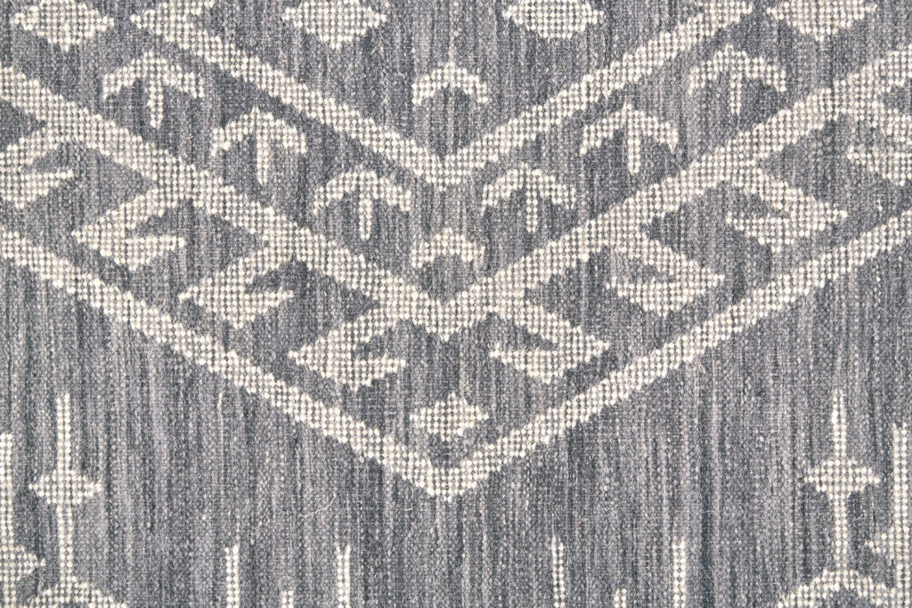 5' X 8' Gray Ivory And Blue Wool Geometric Dhurrie Flatweave Handmade Area Rug With Fringe