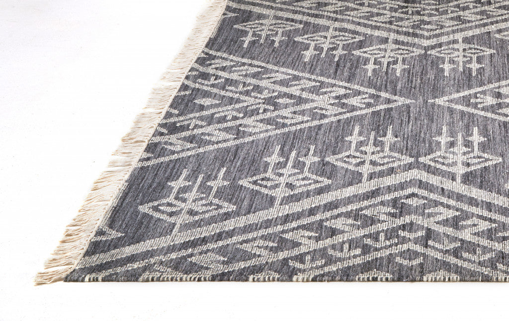 5' X 8' Gray Ivory And Blue Wool Geometric Dhurrie Flatweave Handmade Area Rug With Fringe