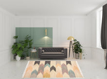 5' X 8' Tan Blue And Orange Geometric Dhurrie Flatweave Handmade Area Rug With Fringe