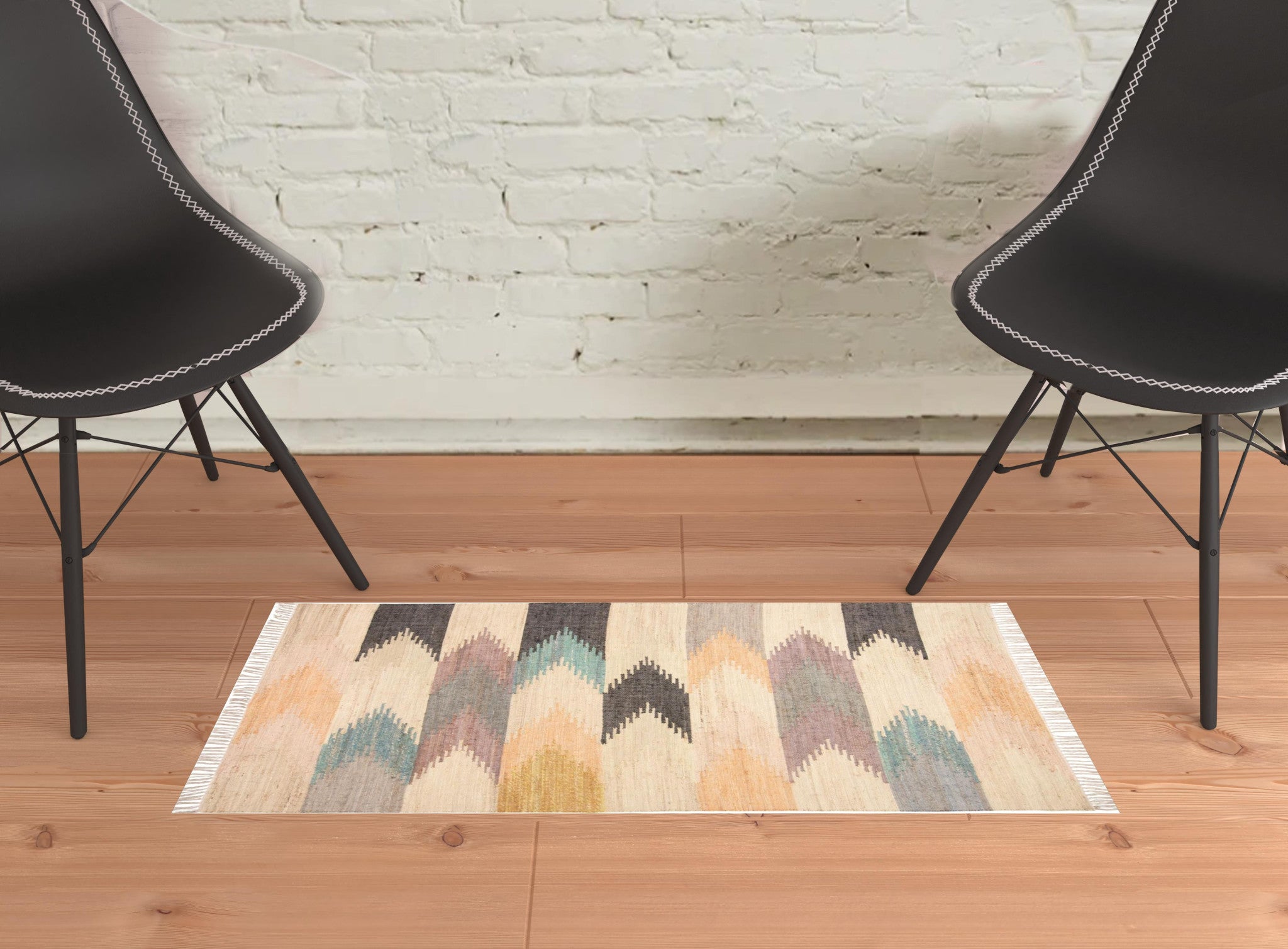 5' X 8' Tan Blue And Orange Geometric Dhurrie Flatweave Handmade Area Rug With Fringe