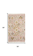 5' X 8' Pink Gold And Taupe Wool Geometric Dhurrie Flatweave Handmade Area Rug With Fringe