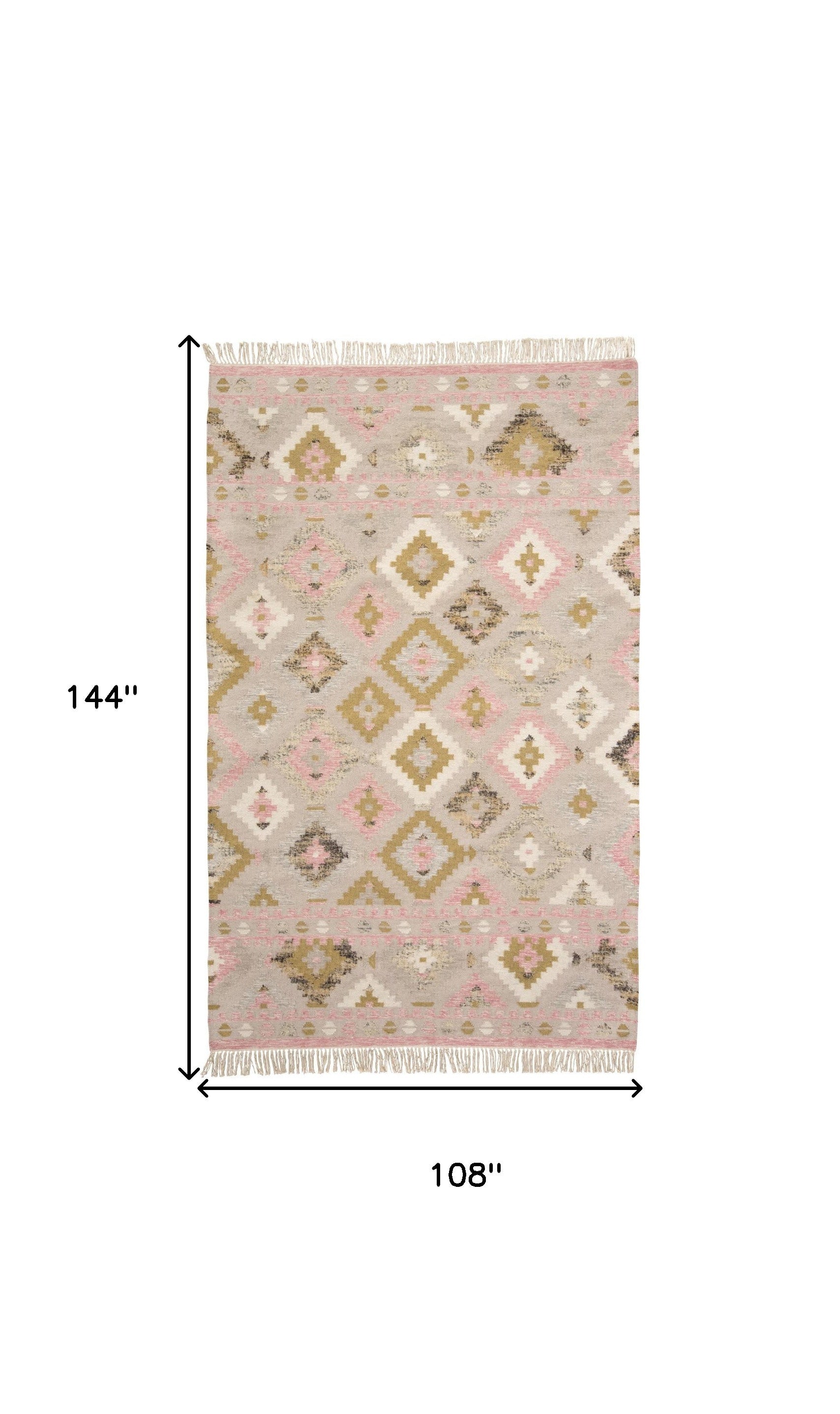 5' X 8' Pink Gold And Taupe Wool Geometric Dhurrie Flatweave Handmade Area Rug With Fringe