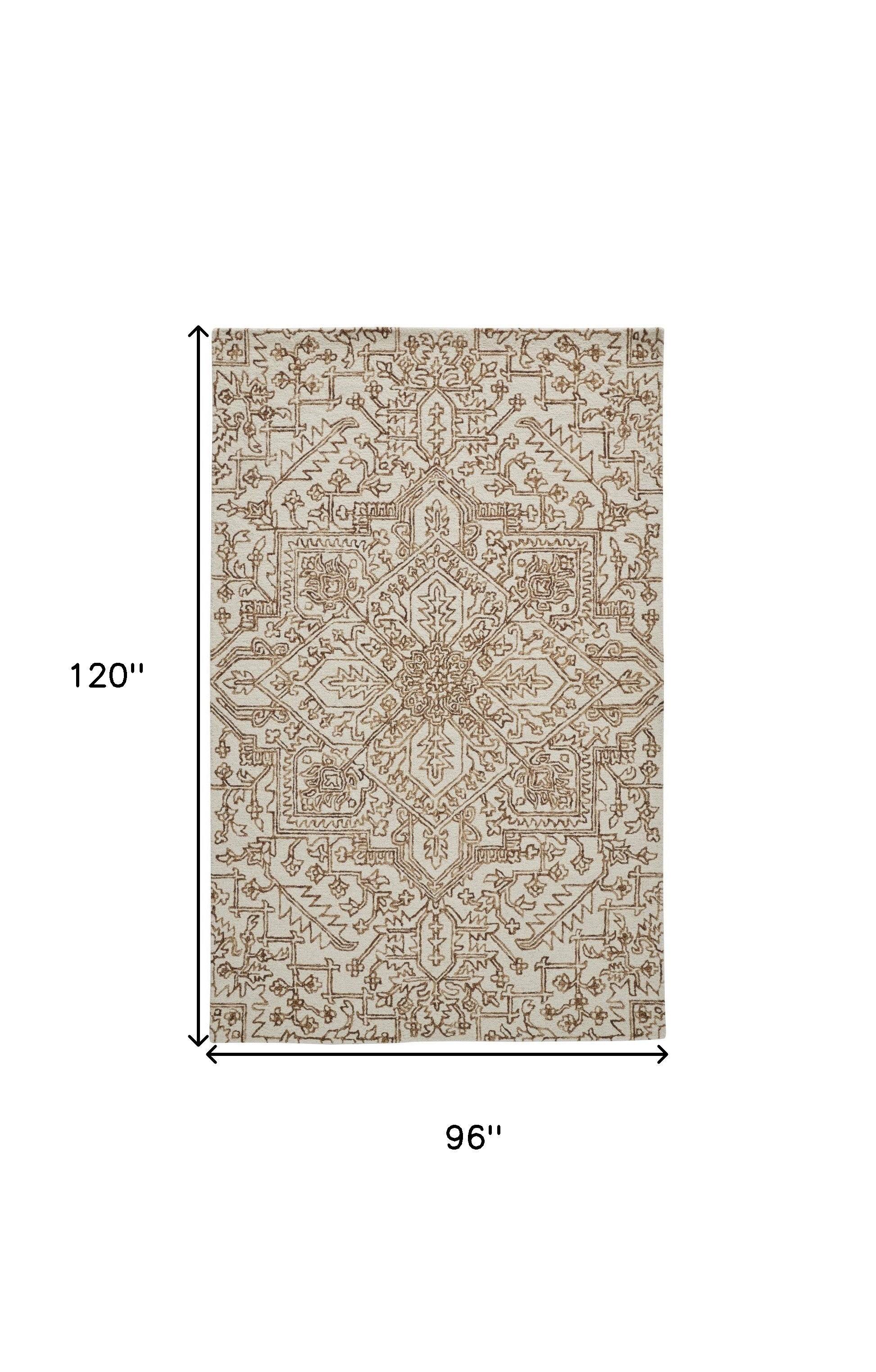 Ivory And Brown Wool Floral Tufted Handmade Stain Resistant Area Rug - 5' x 8'