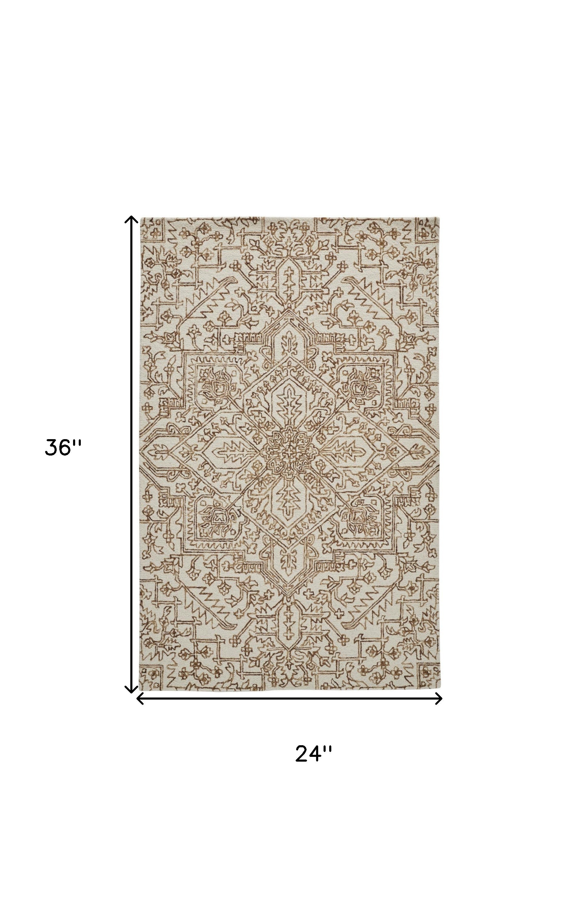 Ivory And Brown Wool Floral Tufted Handmade Stain Resistant Area Rug - 5' x 8'