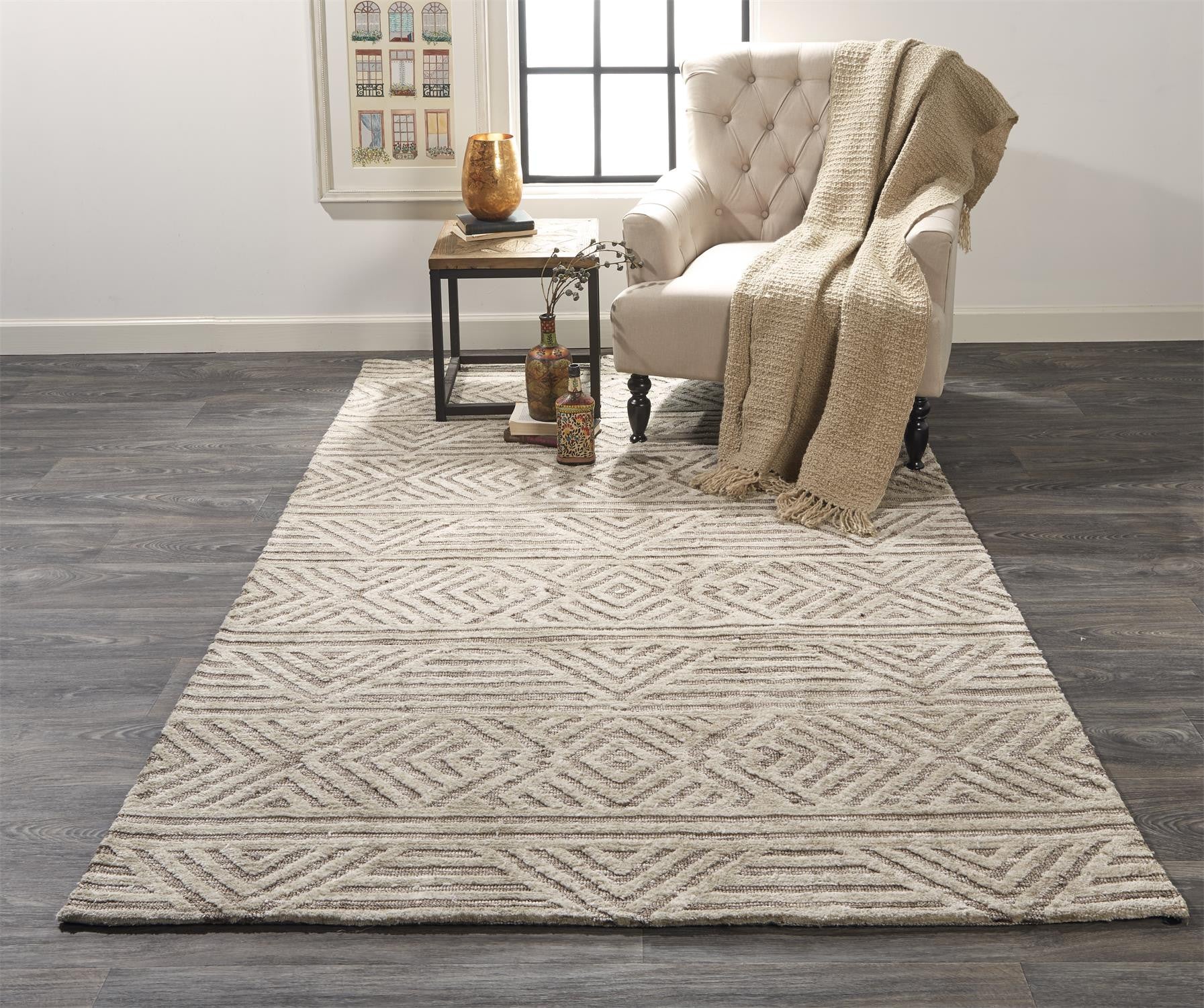 4' X 6' Tan Ivory And Brown Geometric Stain Resistant Area Rug