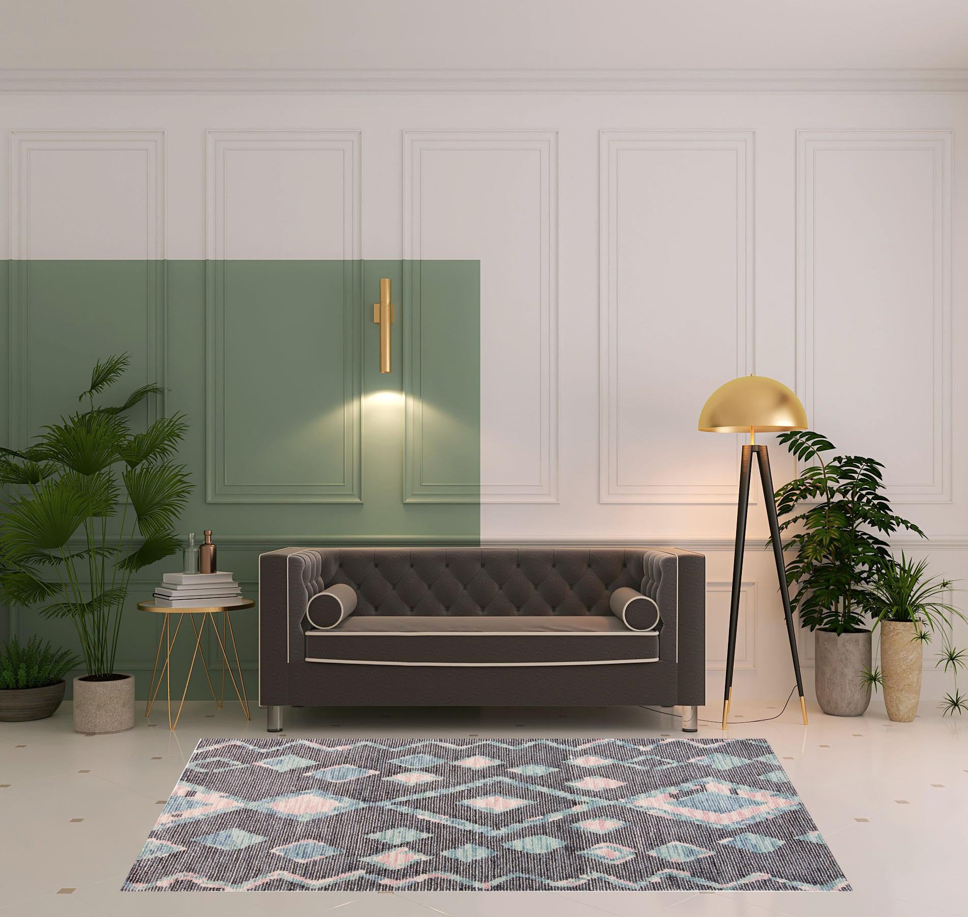 4' X 6' Blue Pink And Green Wool Geometric Tufted Handmade Area Rug