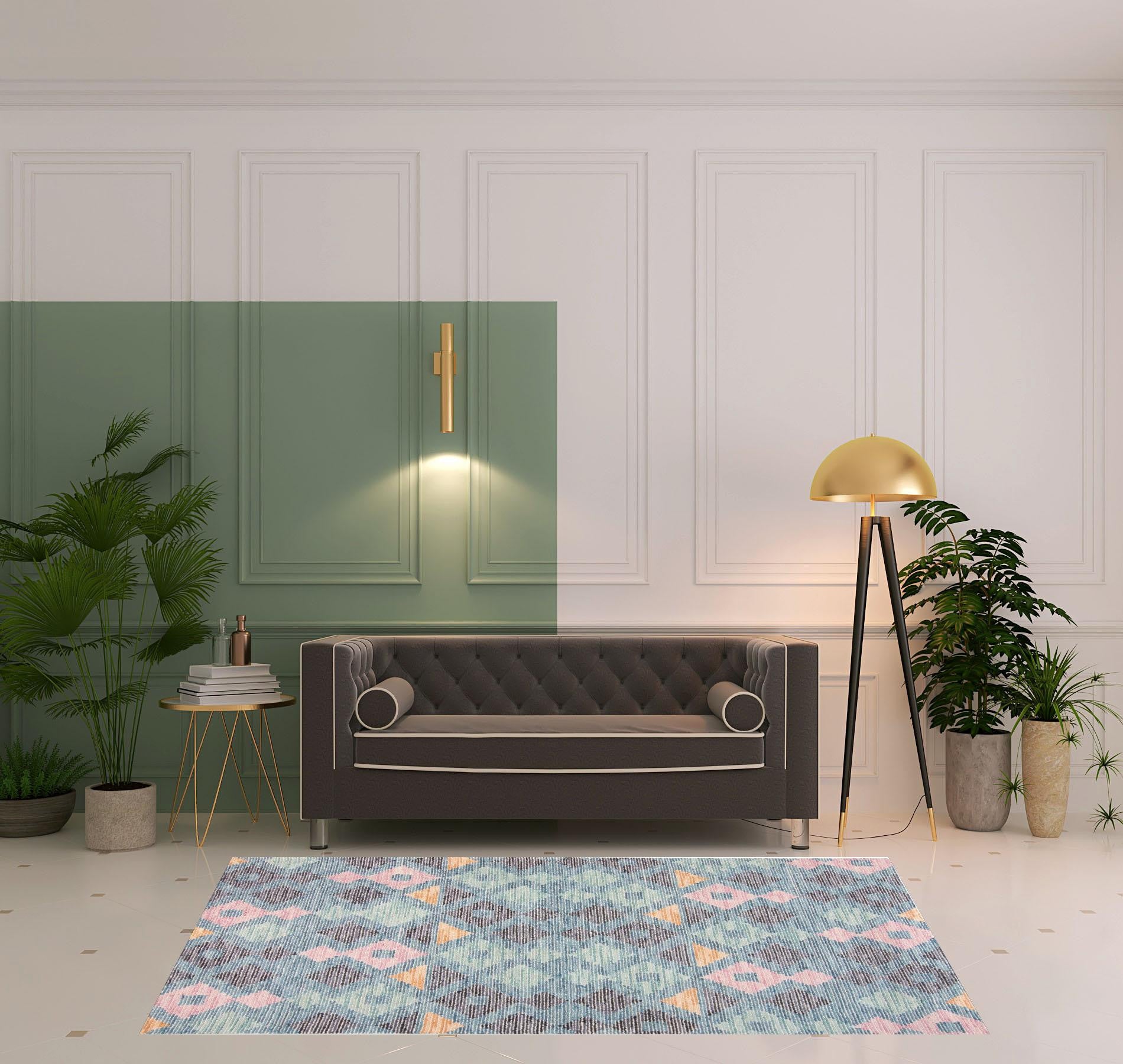 4' X 6' Gray Blue And Green Wool Geometric Tufted Handmade Area Rug