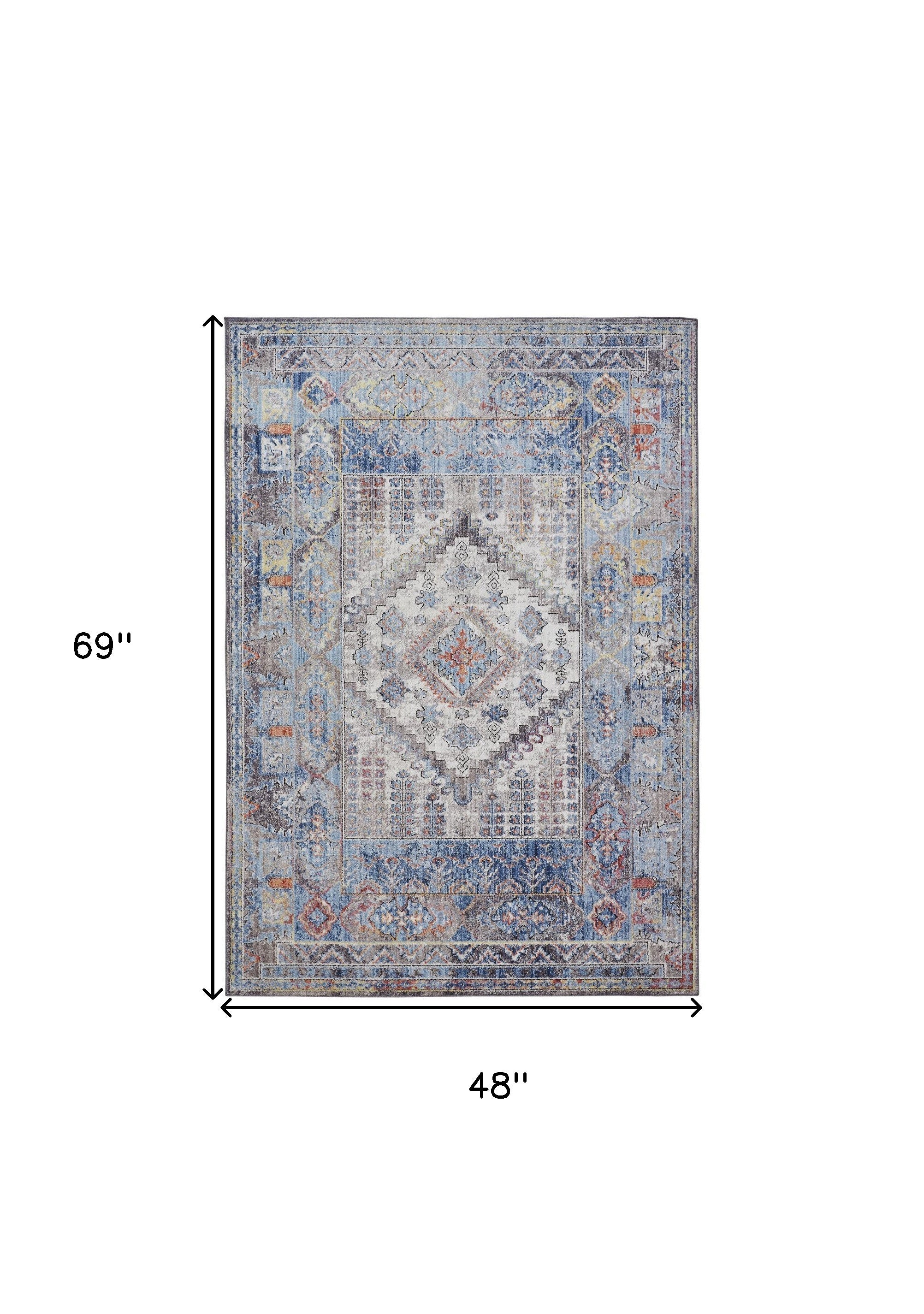 4' X 6' Blue Gray And Ivory Floral Stain Resistant Area Rug