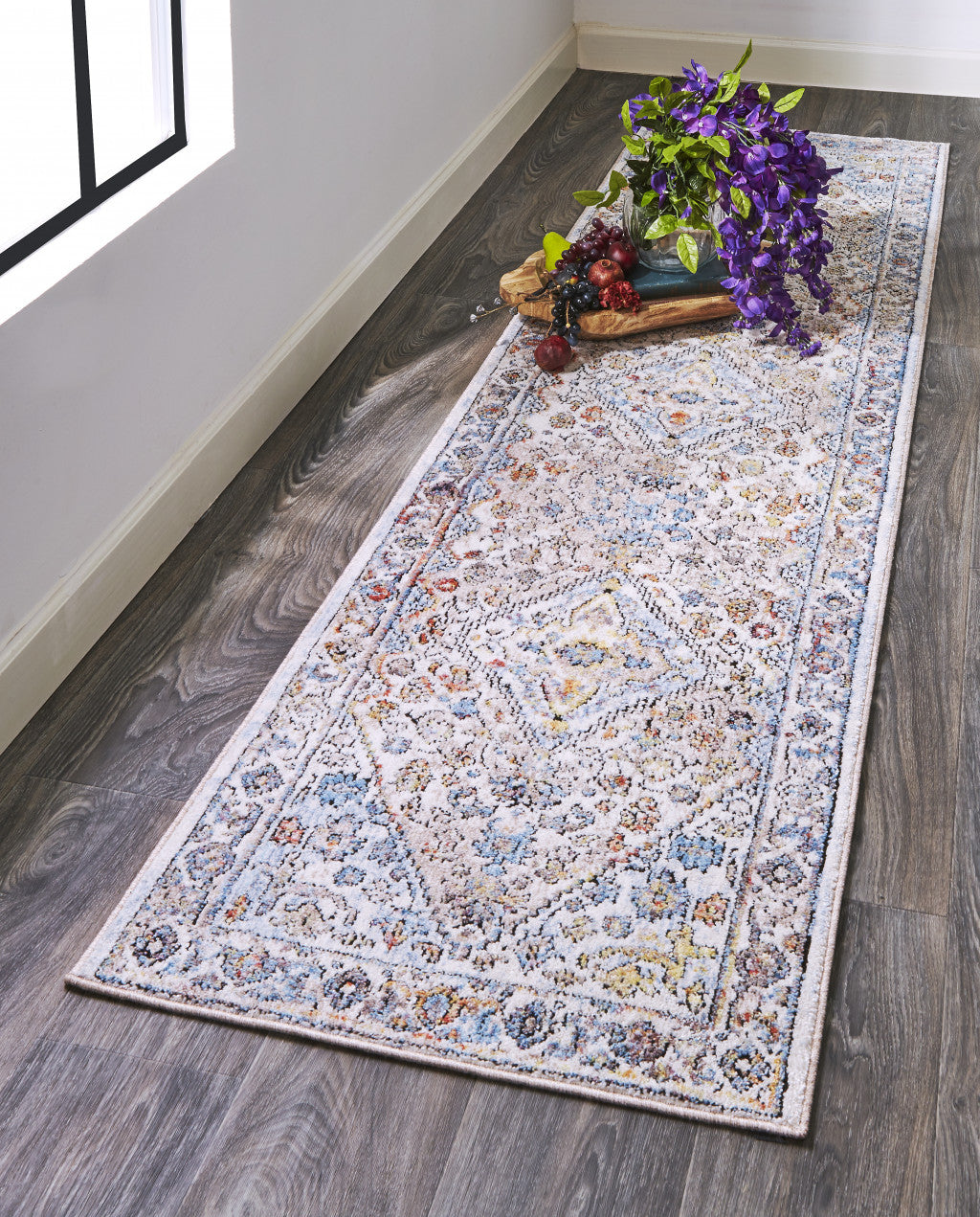 4' X 6' Taupe Blue And Gray Floral Stain Resistant Area Rug