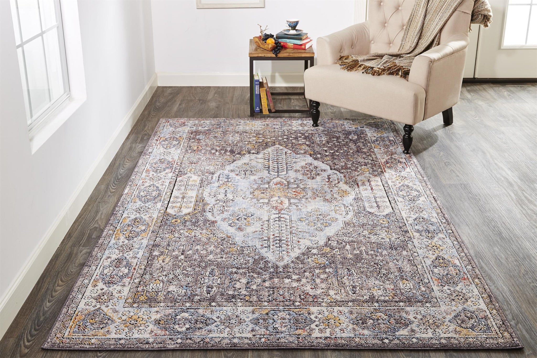 4' X 6' Gray Blue And Gold Floral Stain Resistant Area Rug