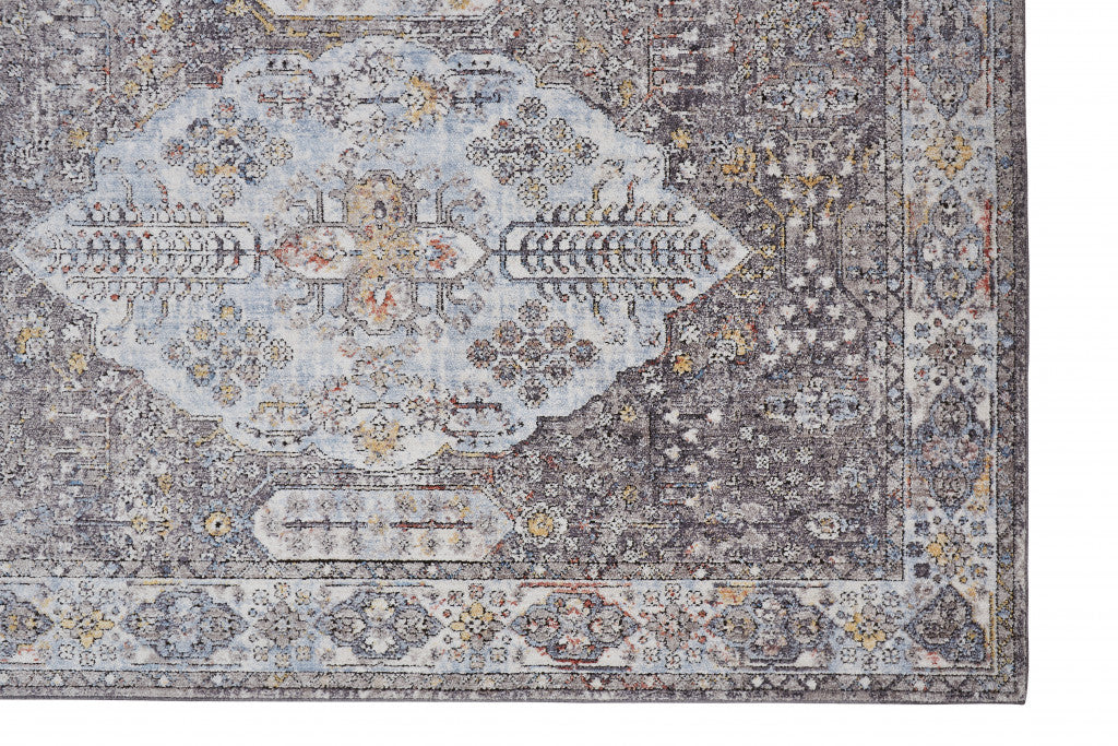 4' X 6' Gray Blue And Gold Floral Stain Resistant Area Rug