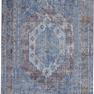 4' X 6' Blue Gray And Gold Floral Stain Resistant Area Rug