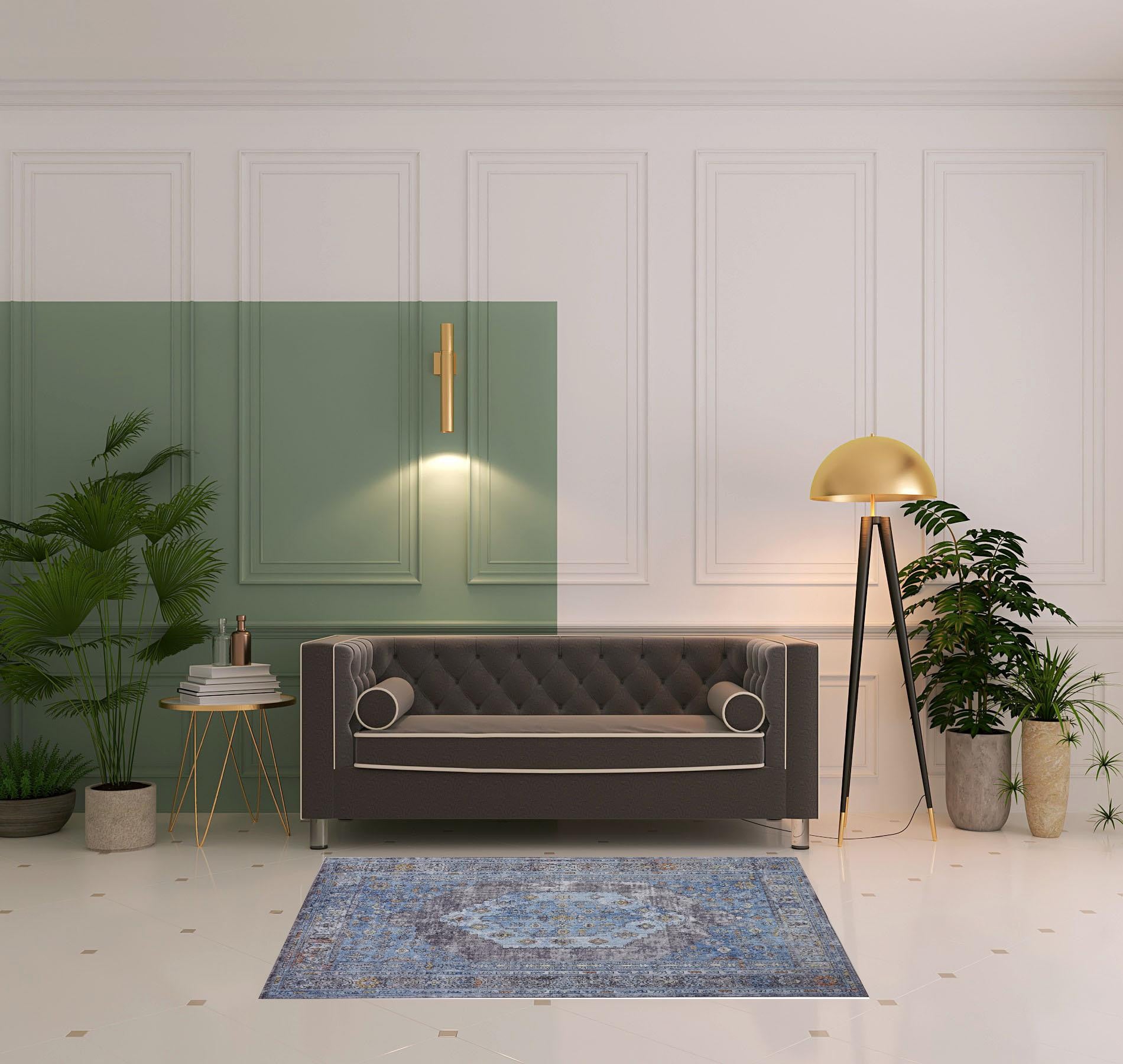 4' X 6' Blue Gray And Gold Floral Stain Resistant Area Rug