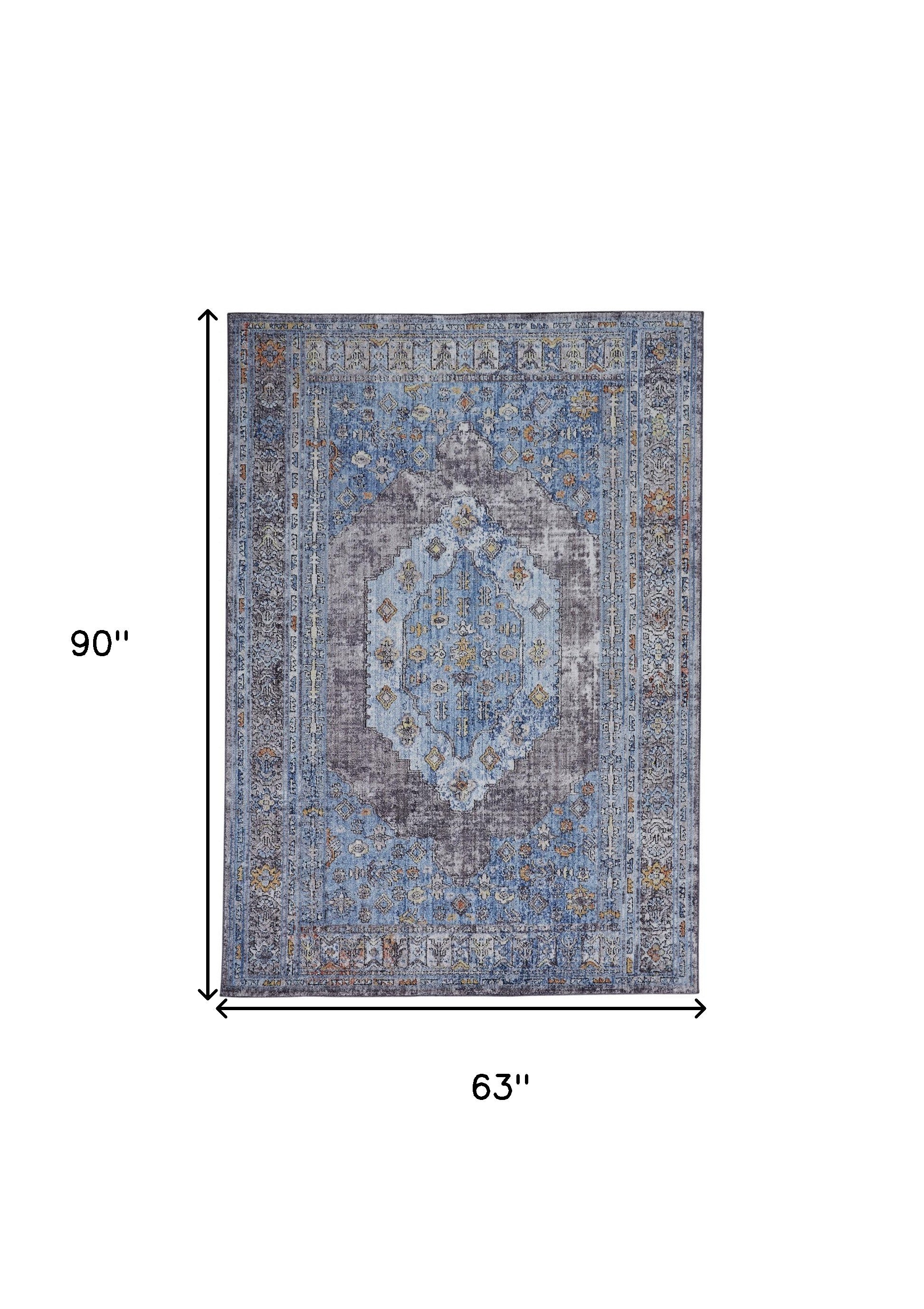 4' X 6' Blue Gray And Gold Floral Stain Resistant Area Rug
