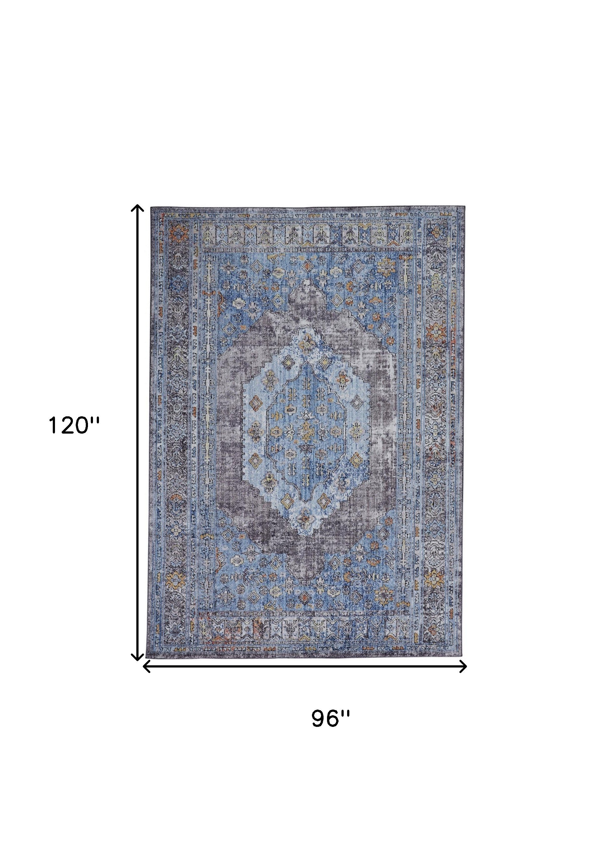 4' X 6' Blue Gray And Gold Floral Stain Resistant Area Rug