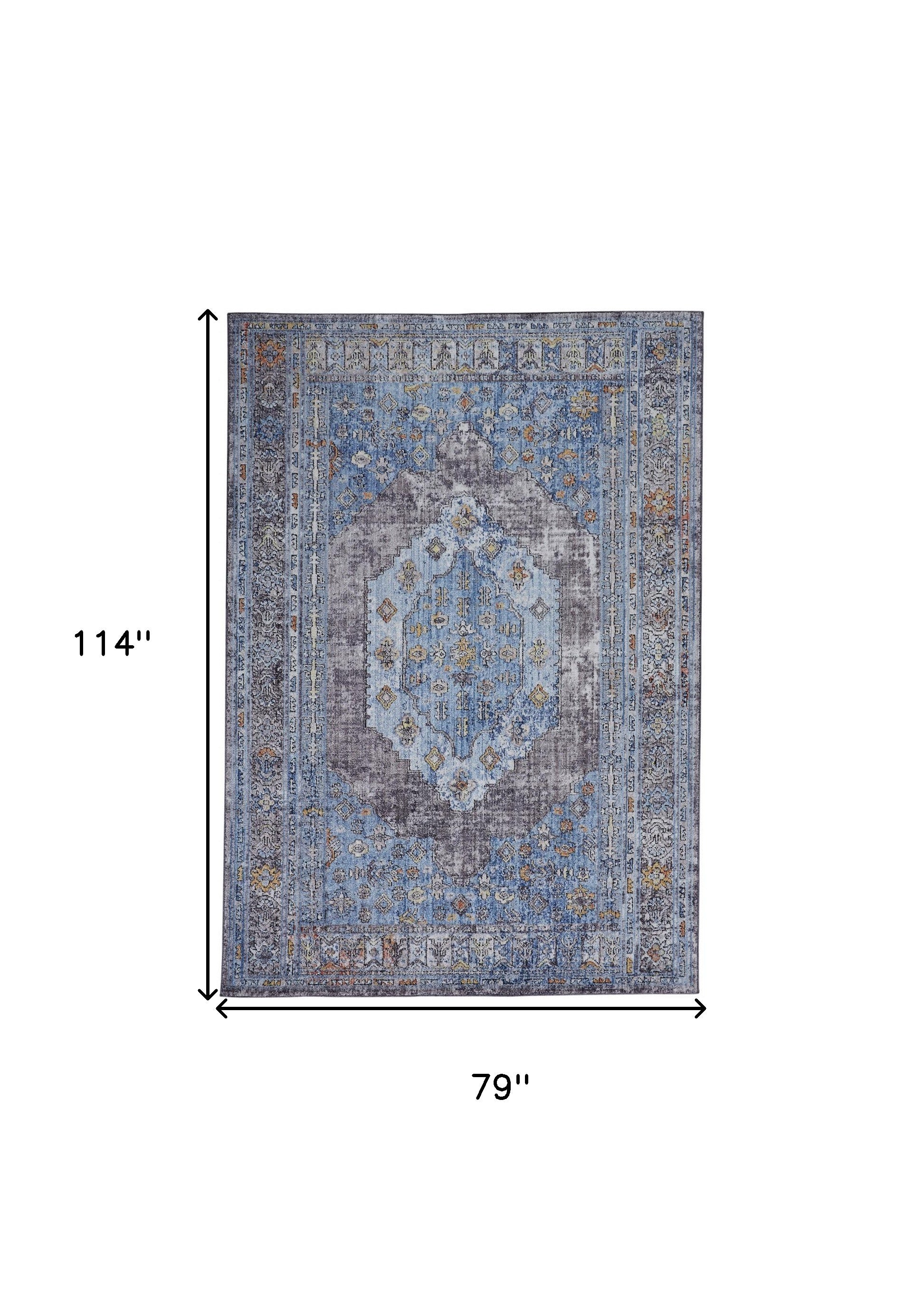 4' X 6' Blue Gray And Gold Floral Stain Resistant Area Rug