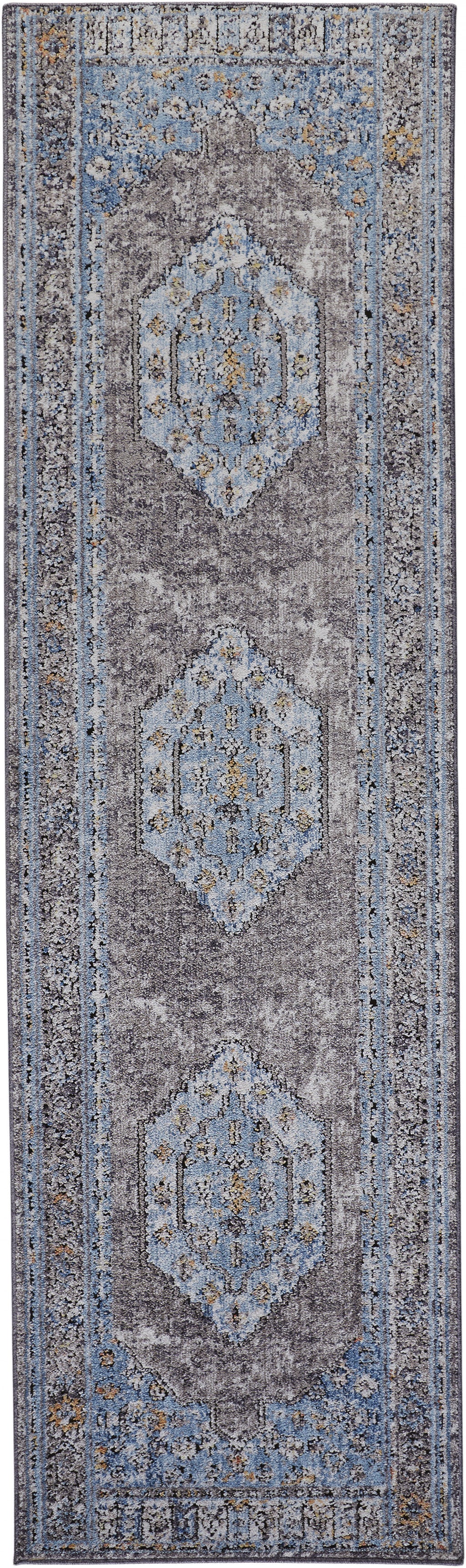 4' X 6' Blue Gray And Gold Floral Stain Resistant Area Rug