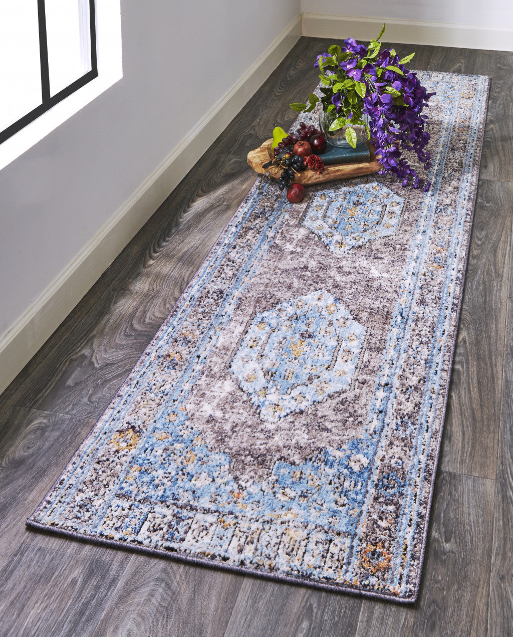 4' X 6' Blue Gray And Gold Floral Stain Resistant Area Rug