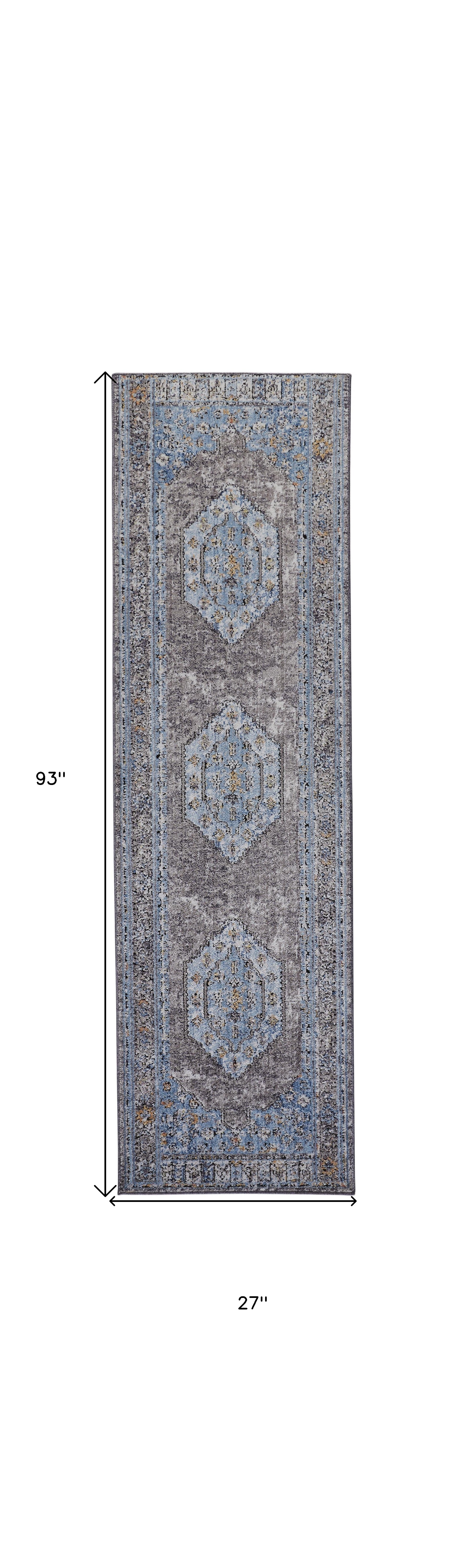 4' X 6' Blue Gray And Gold Floral Stain Resistant Area Rug