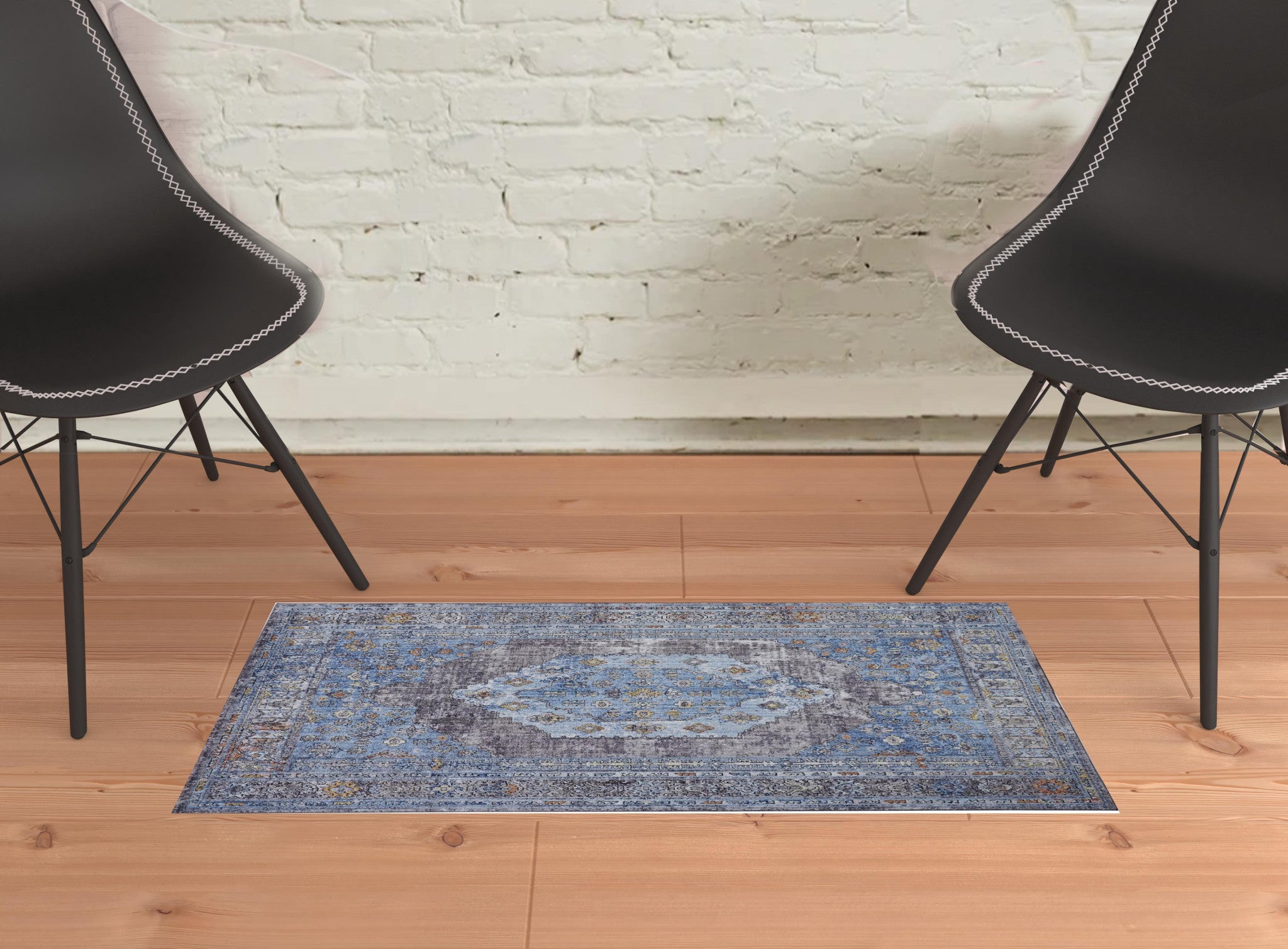 4' X 6' Blue Gray And Gold Floral Stain Resistant Area Rug